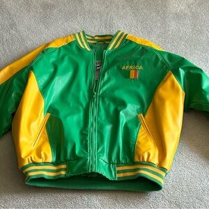 Vibrant Green and Yellow Varsity Bomber Jacket with Ribbed Accents